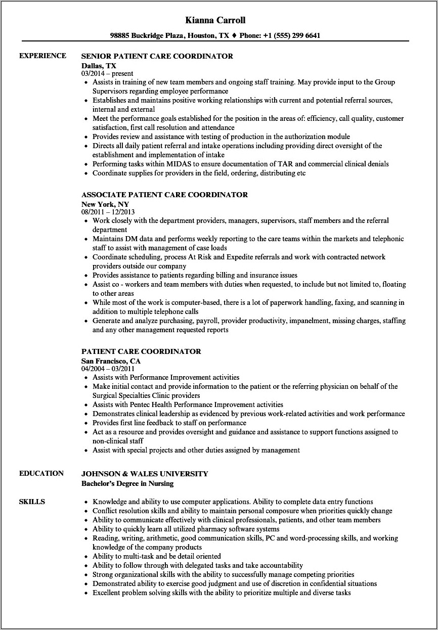 Patient Care Job Description Resume