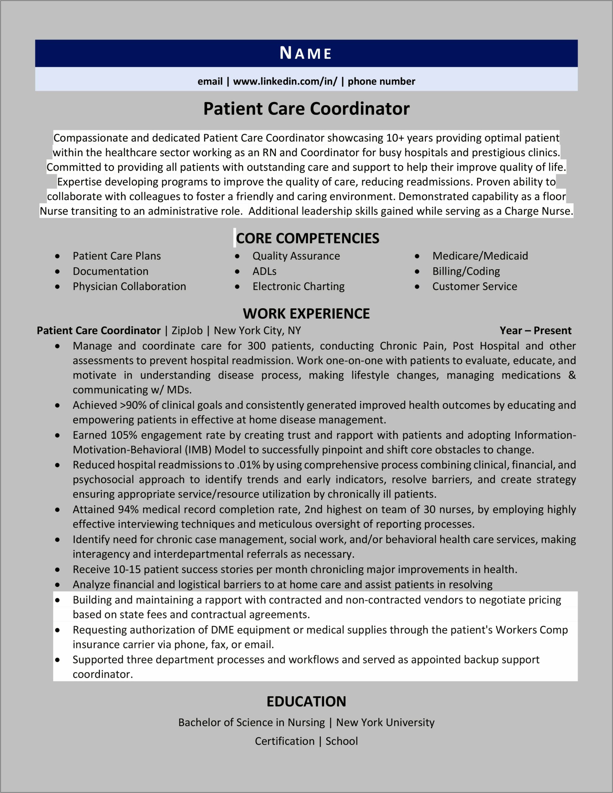 Patient Coordinator Job Description Resume