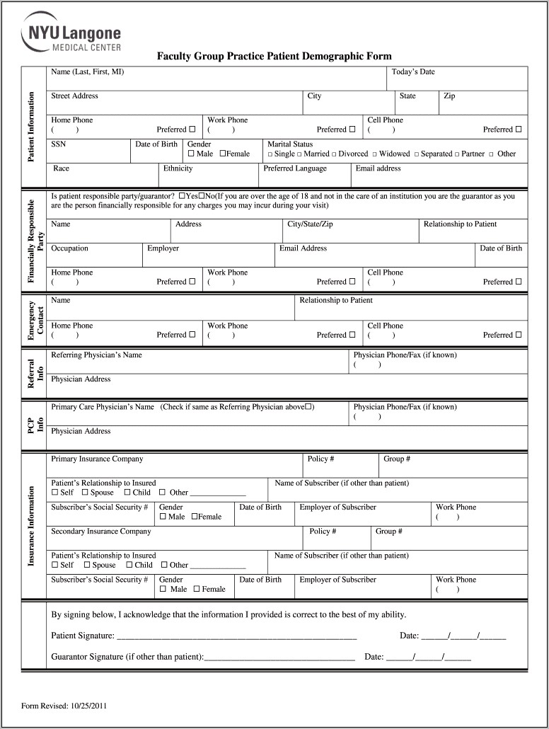 Patient Demographic For Medical Office Free Template