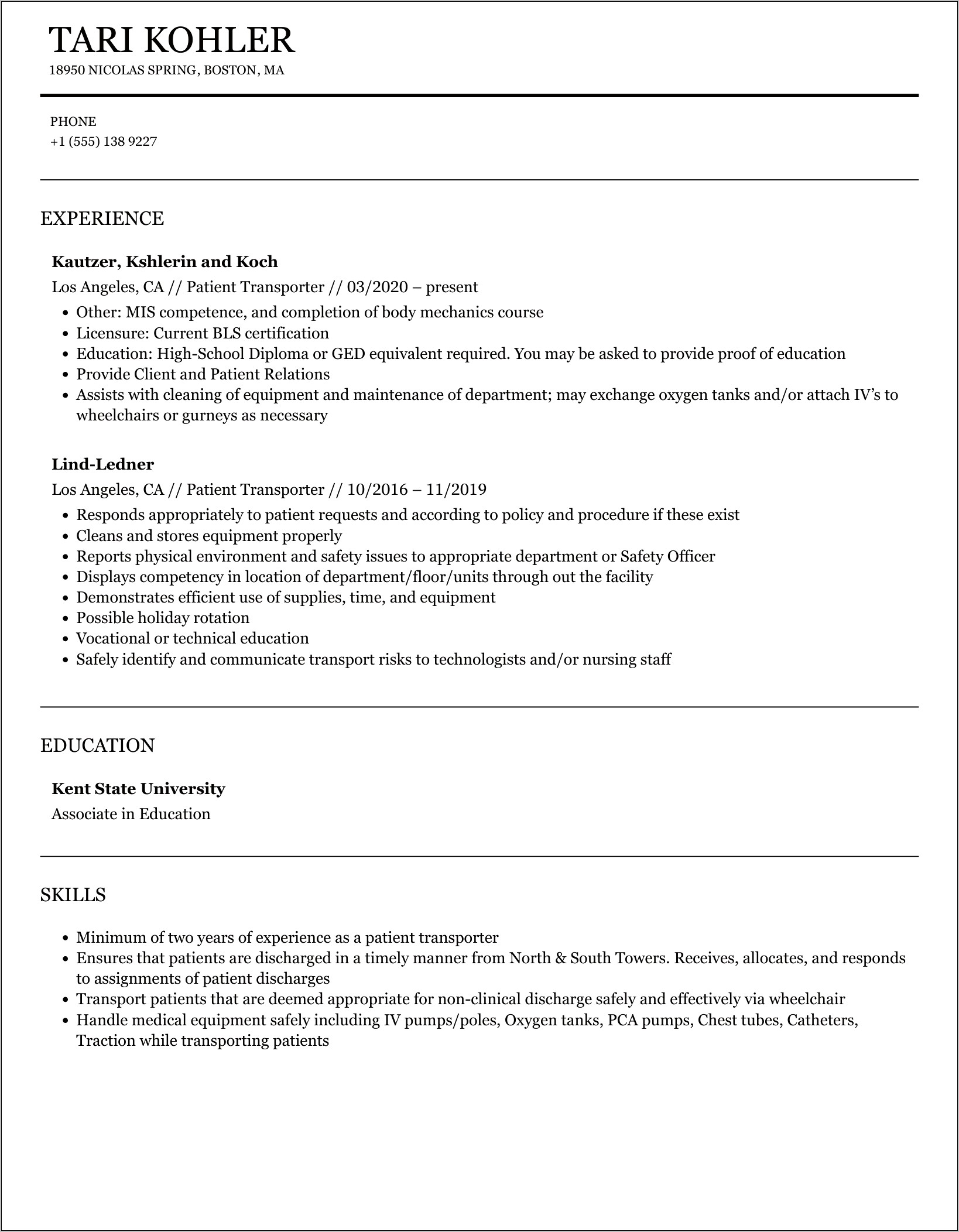 Patient Escort Objective For Resume