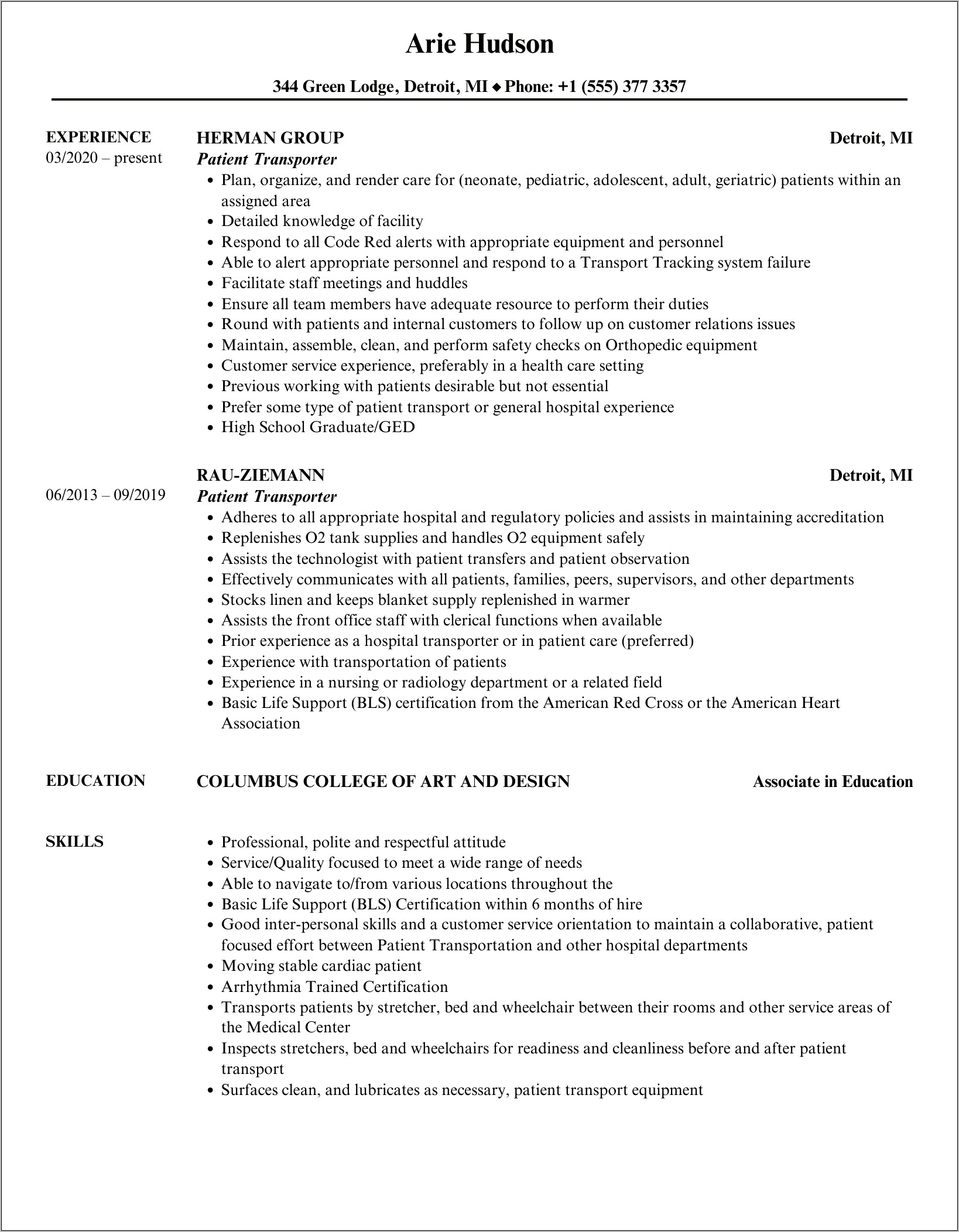 Patient Transporter Job Description Resume