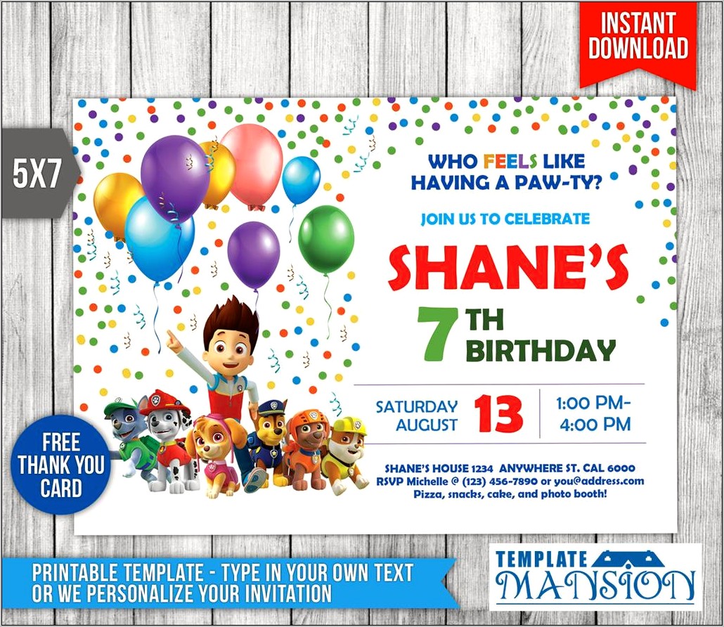 Paw Patrol 4th Bday Invitations Free Template