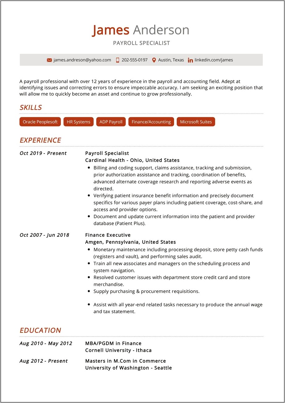 Payroll Specialist Job Duties Resume