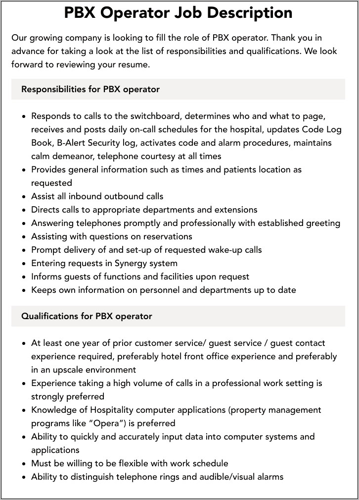 Pbx Operator Job Description Resume