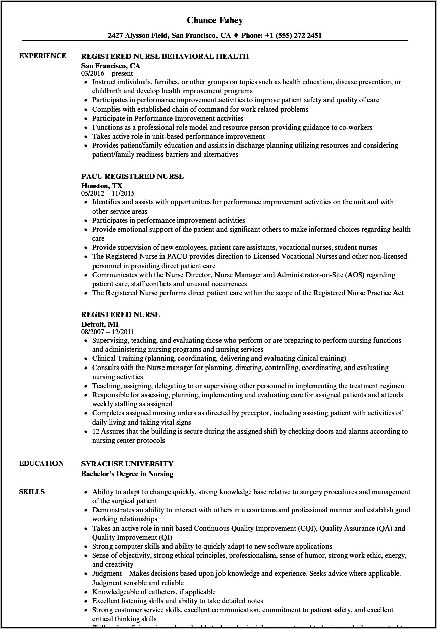 Pcu Nurse Job Description Resume