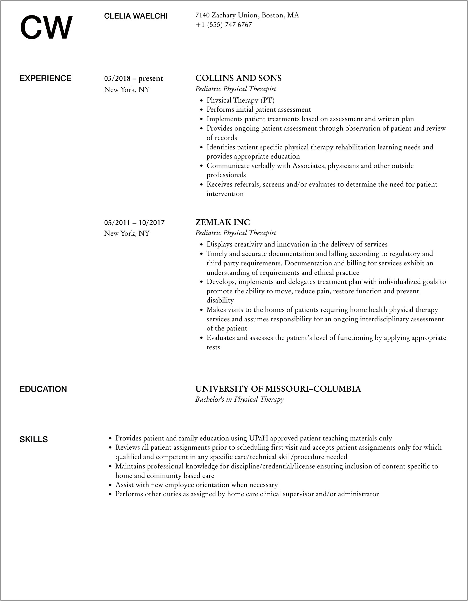 Pediatric Physical Therapy Resume Sample
