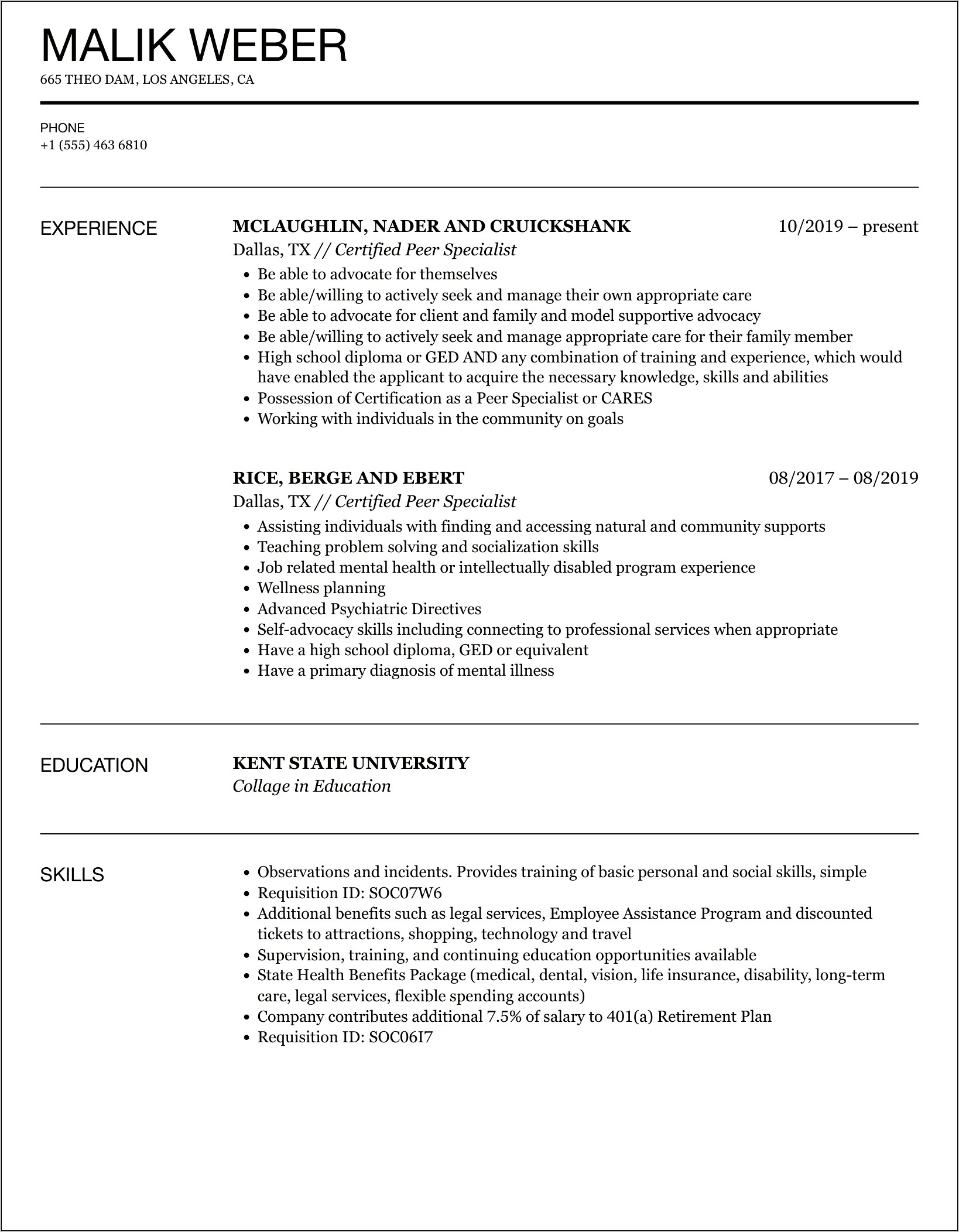 Peer Support Specialist Resume Objective