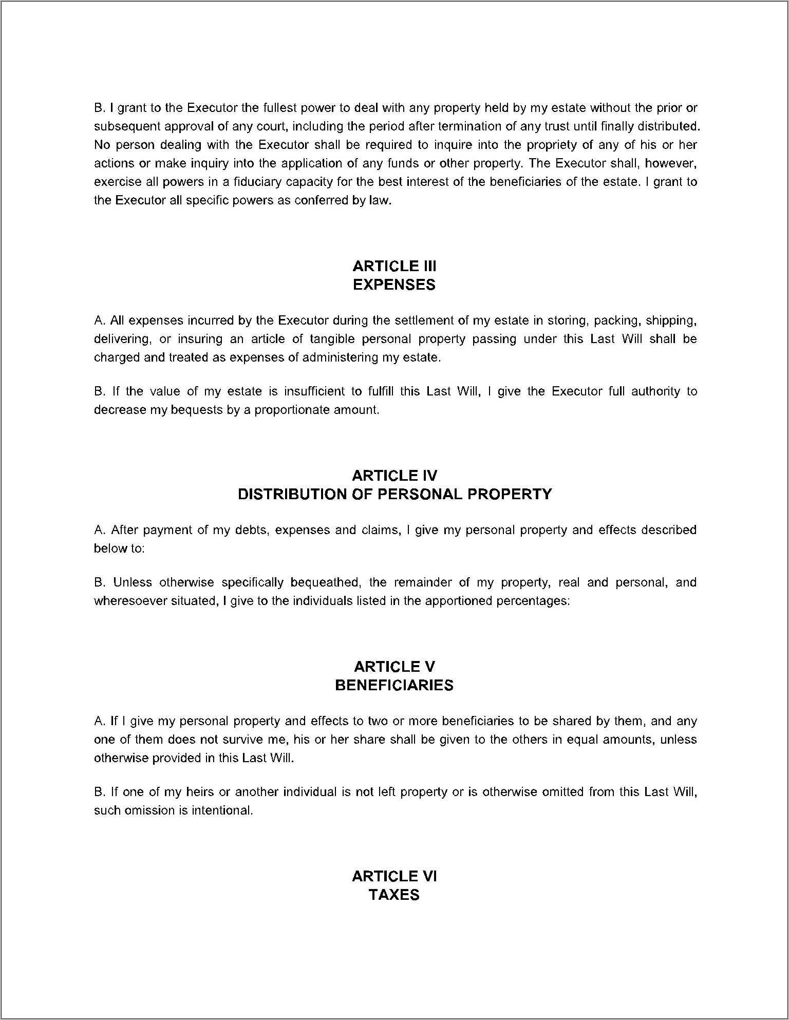 Pennsylvania Last Will And Testament Free Template