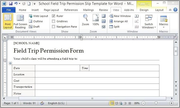 Permission Slip For Field Trip Free Template