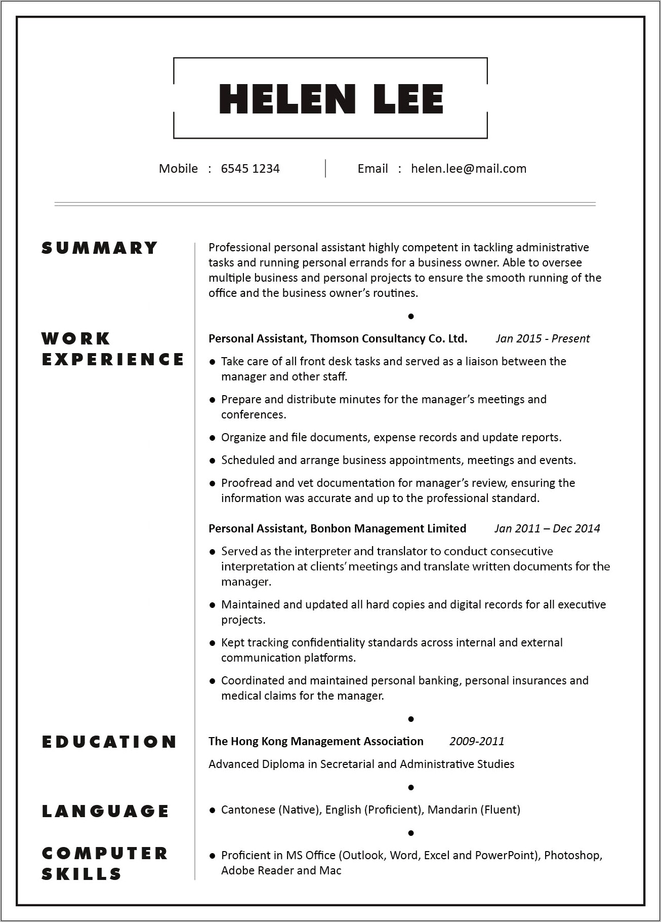 Personal Assistant Estate Manager Resume