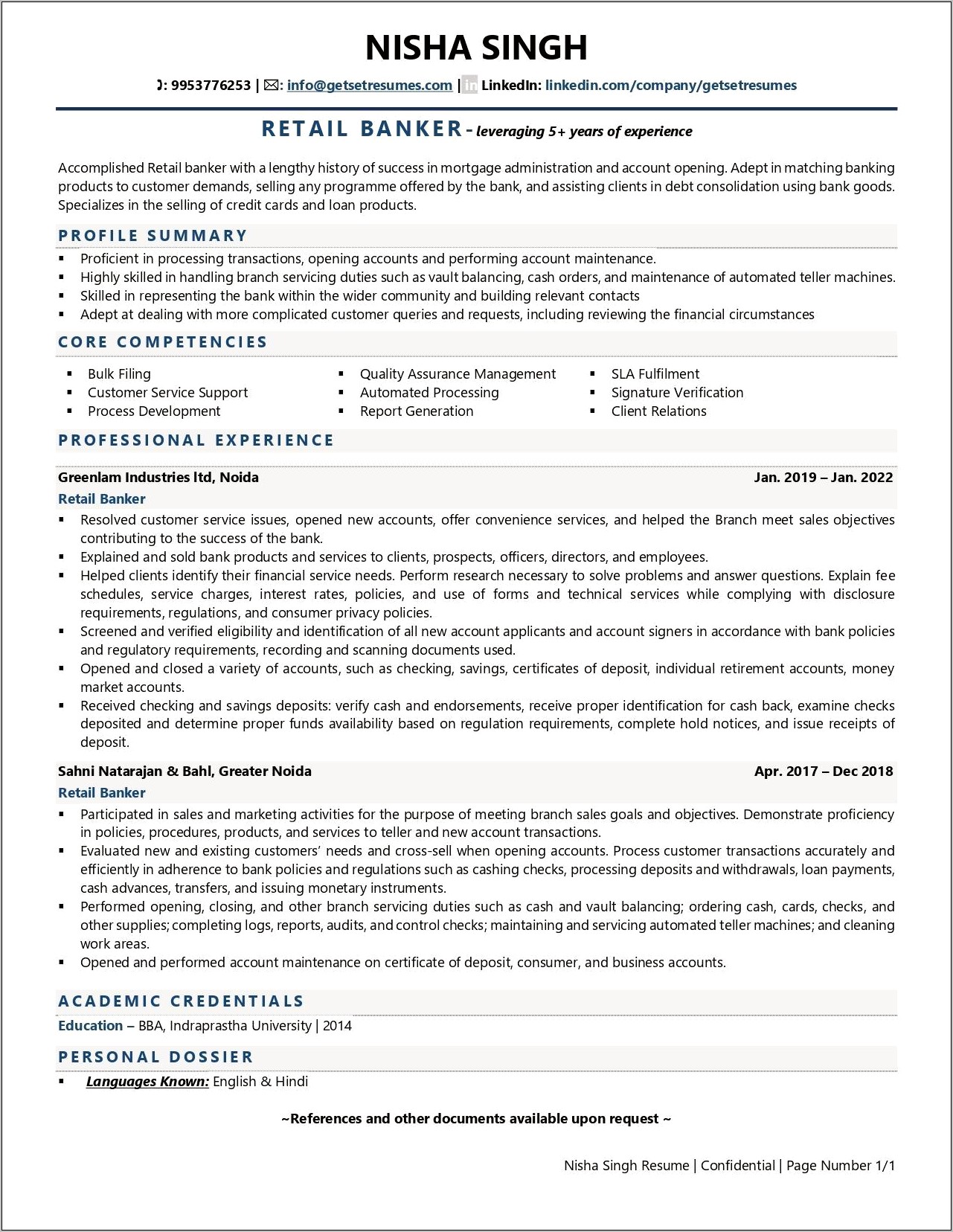 Personal Banker Sample Resume Templates