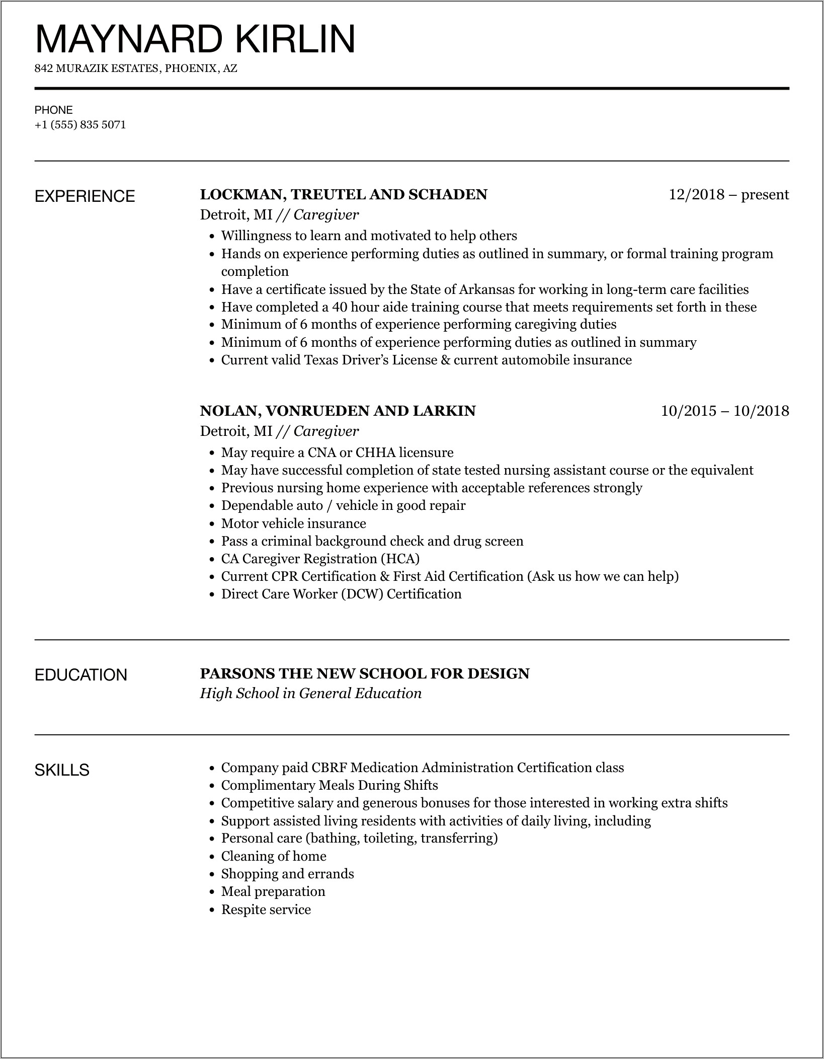 Personal Caregiver Skills For Resume