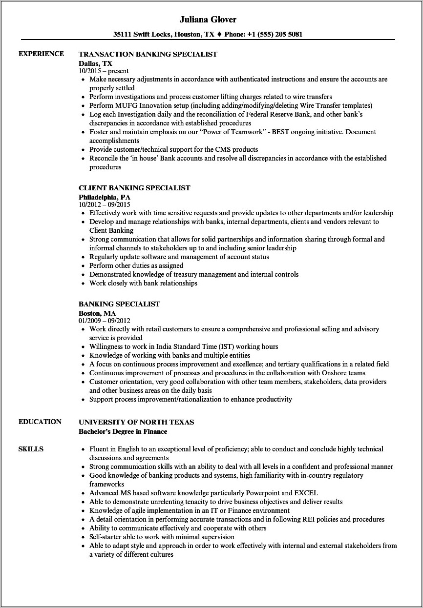 Personal Namkig Specialist Resume Example