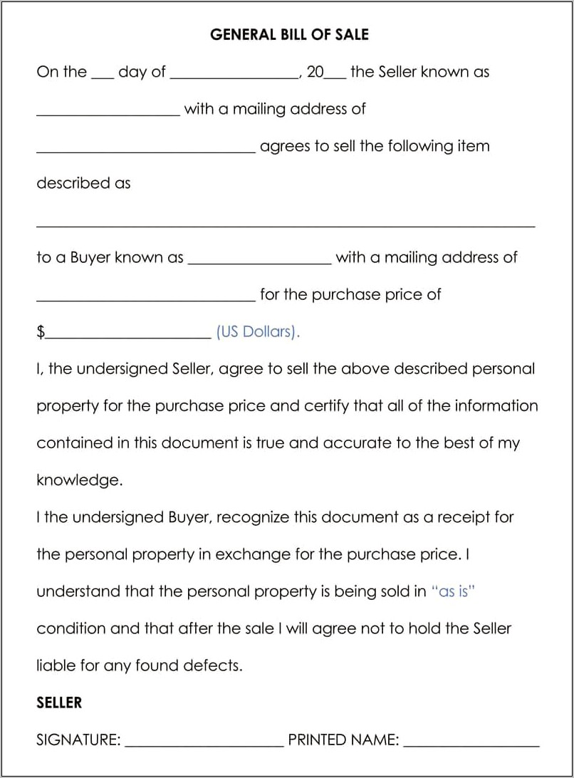 Personal Property Bill Of Sale Template Free