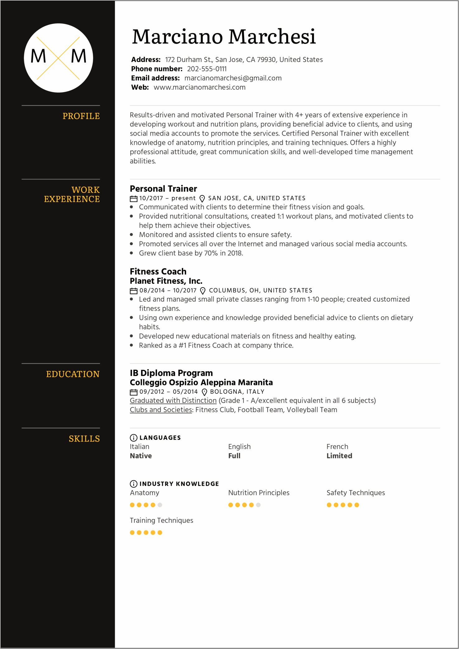 Personal Trainer Resume Free Sample