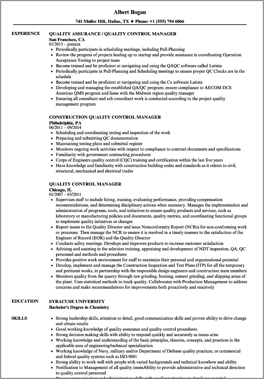 Pharmaceutical Quality Control Manager Resume