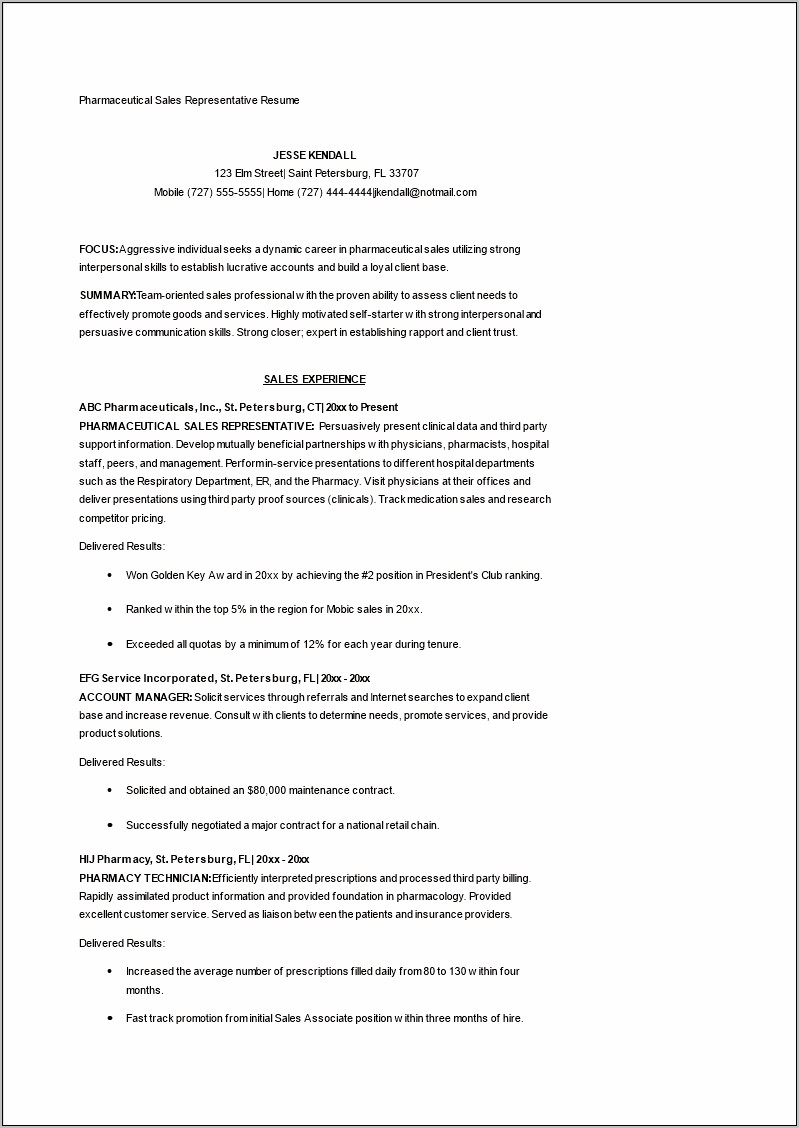 Pharmaceutical Rep Job Description Resume