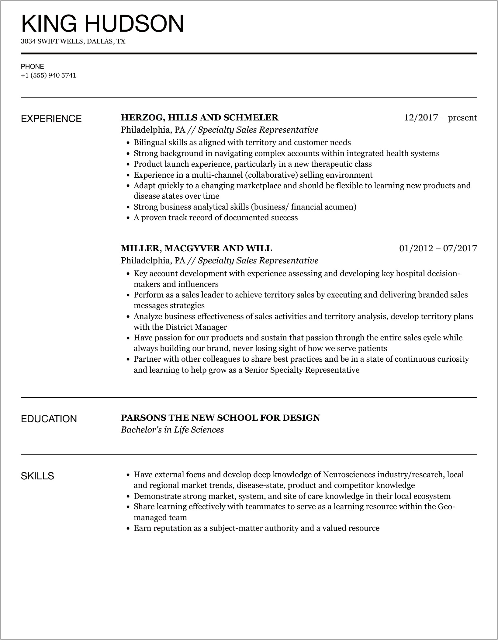 Pharmaceutical Sales Rep Resume Sample