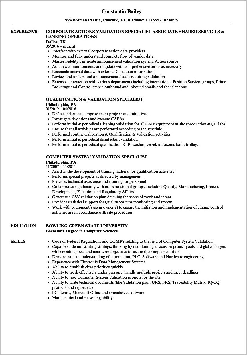 Pharmaceuticalbiotech Validation Engineer Resume Sample