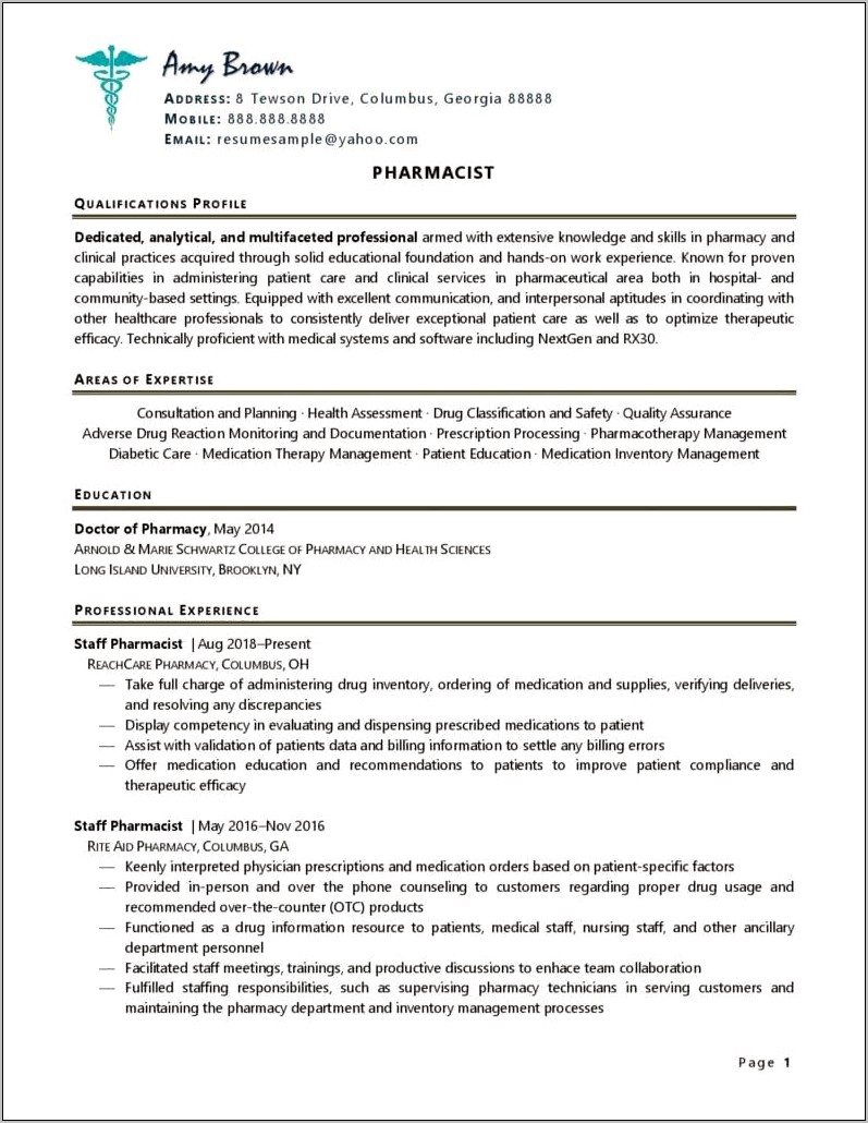 Pharmacy Skills And Competency Resume