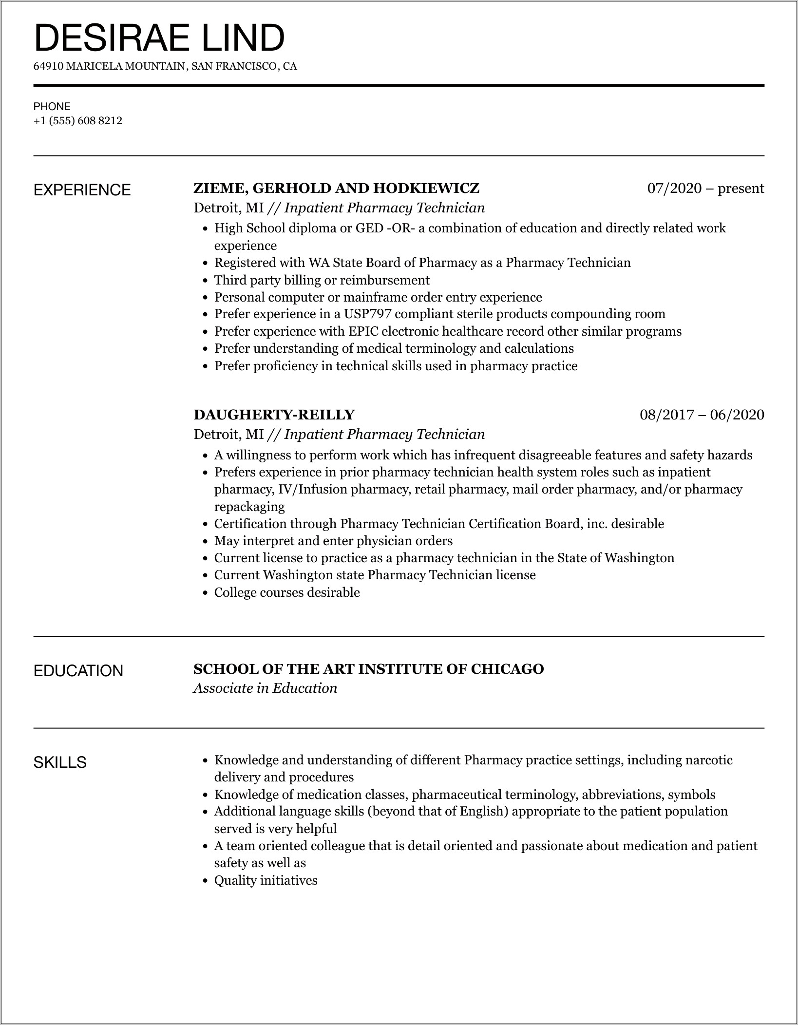 Pharmacy Tech Resume Example Student