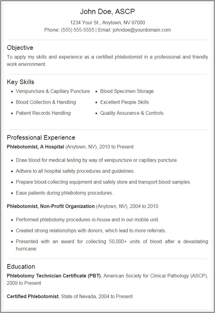 Phlebotomy Entry Level Resume Examples