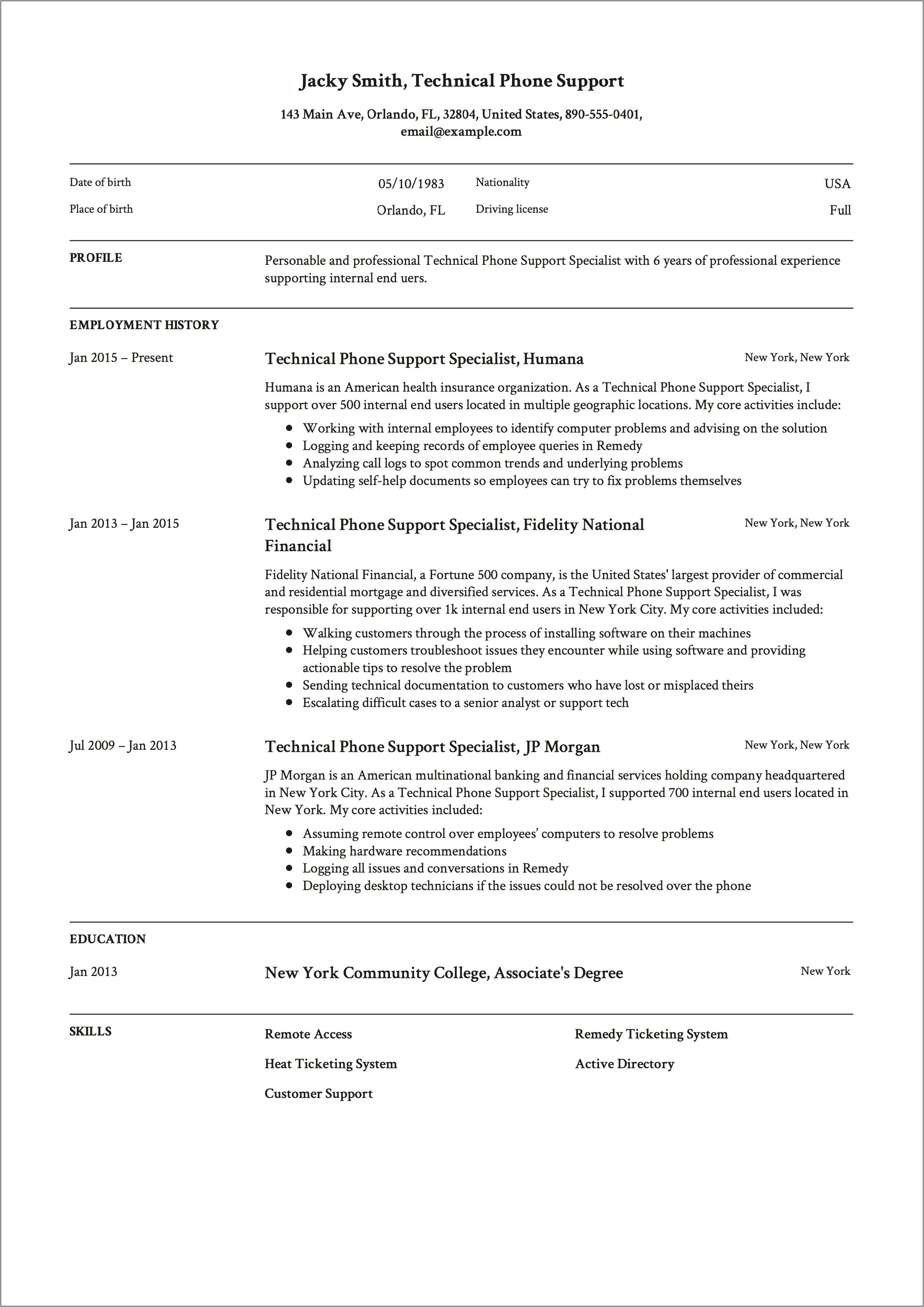 Phone Technical Support Resume Samples