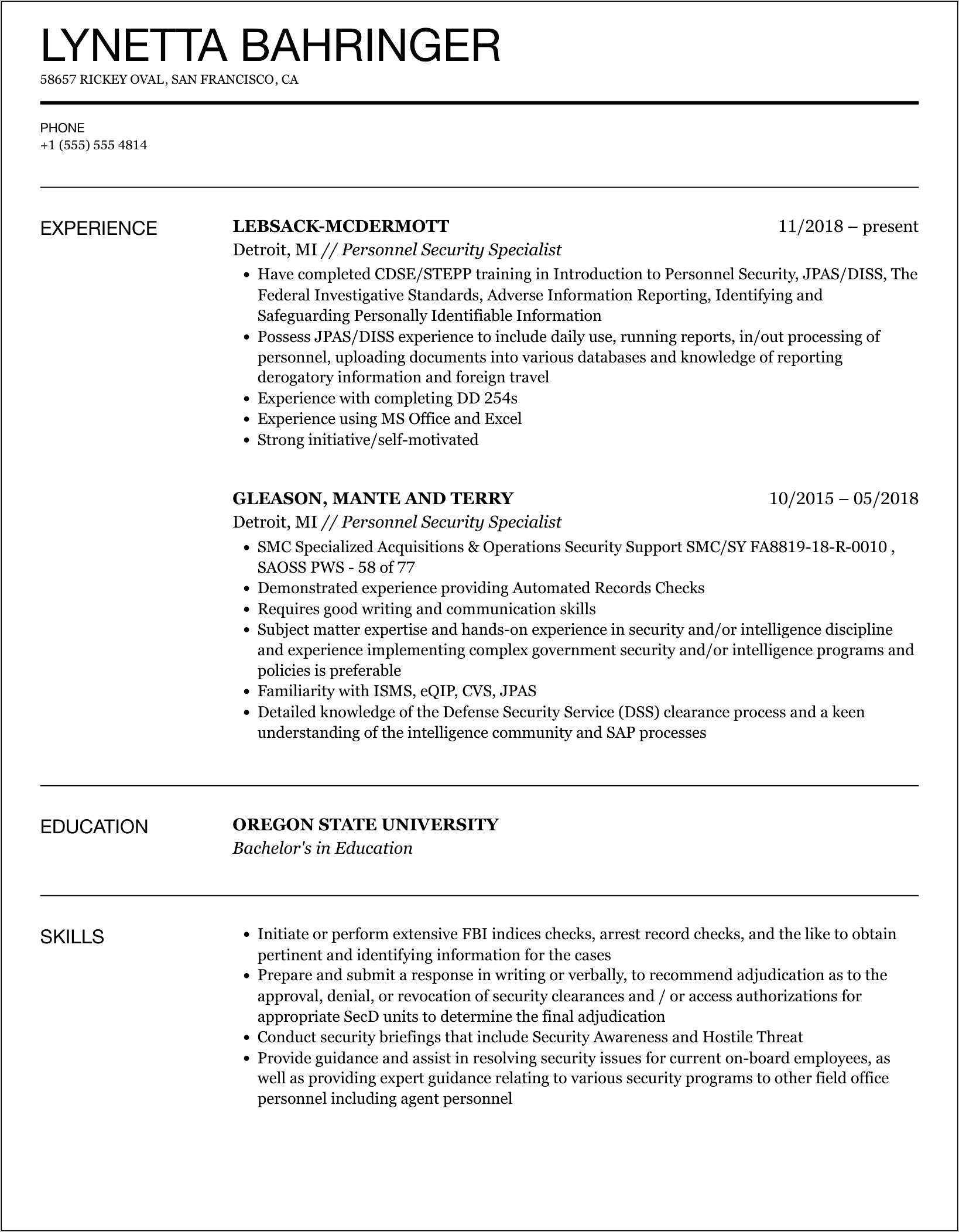 Physical Security Specialist Resume Sample