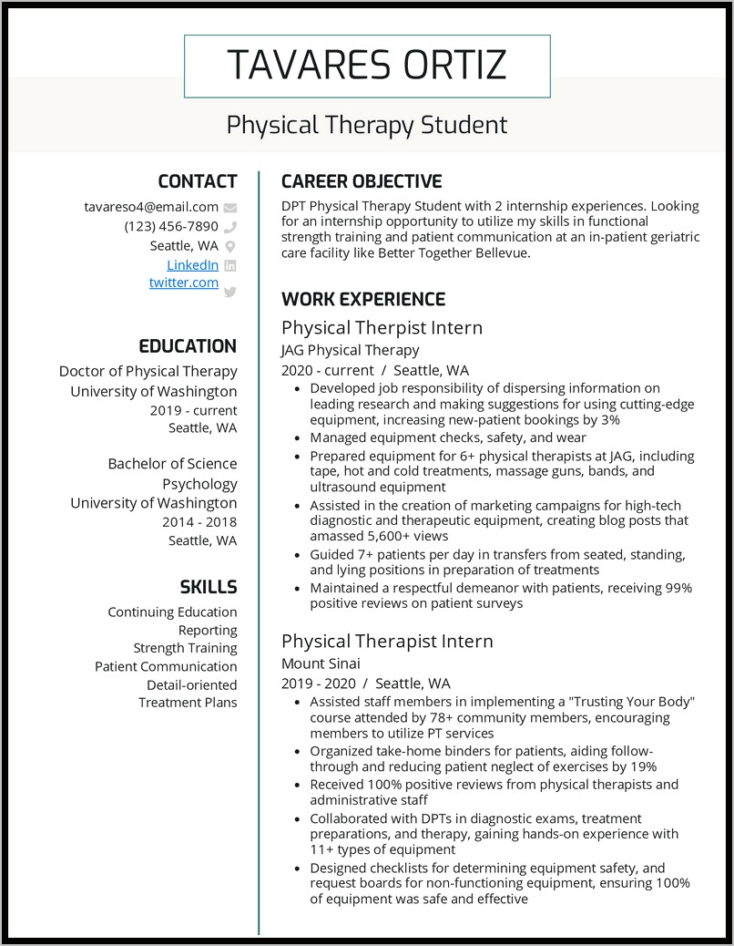 Physical Therapist Assistant Example Resume