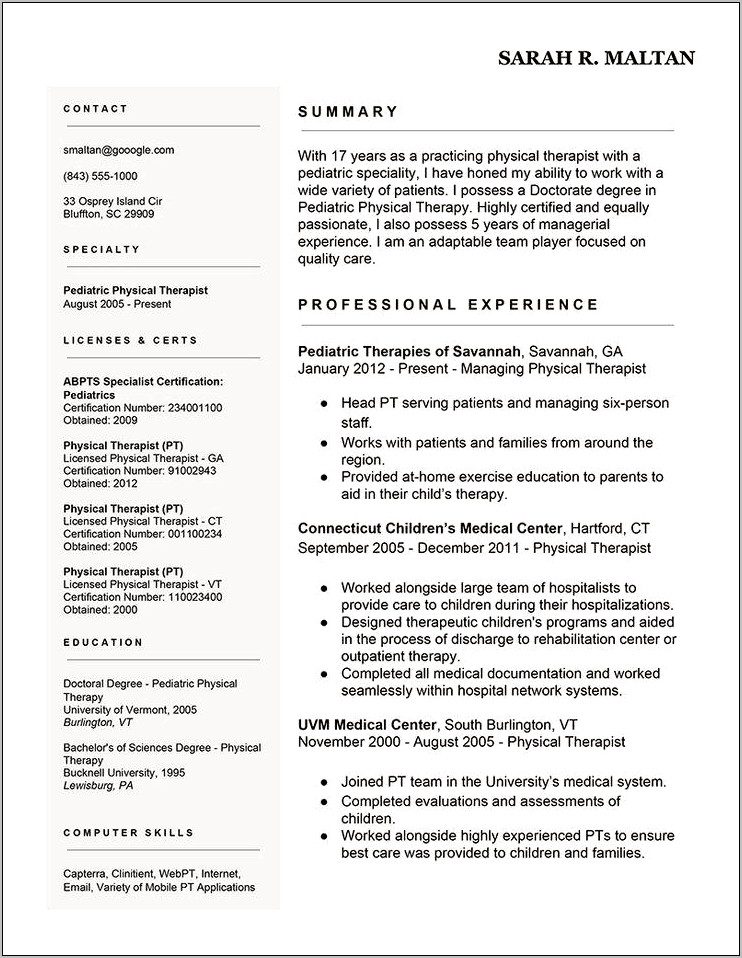 Physical Therapy Assistant Example Resume