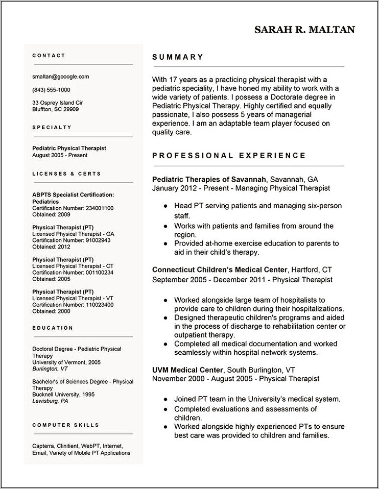 Physical Therapy Program Sample Resume