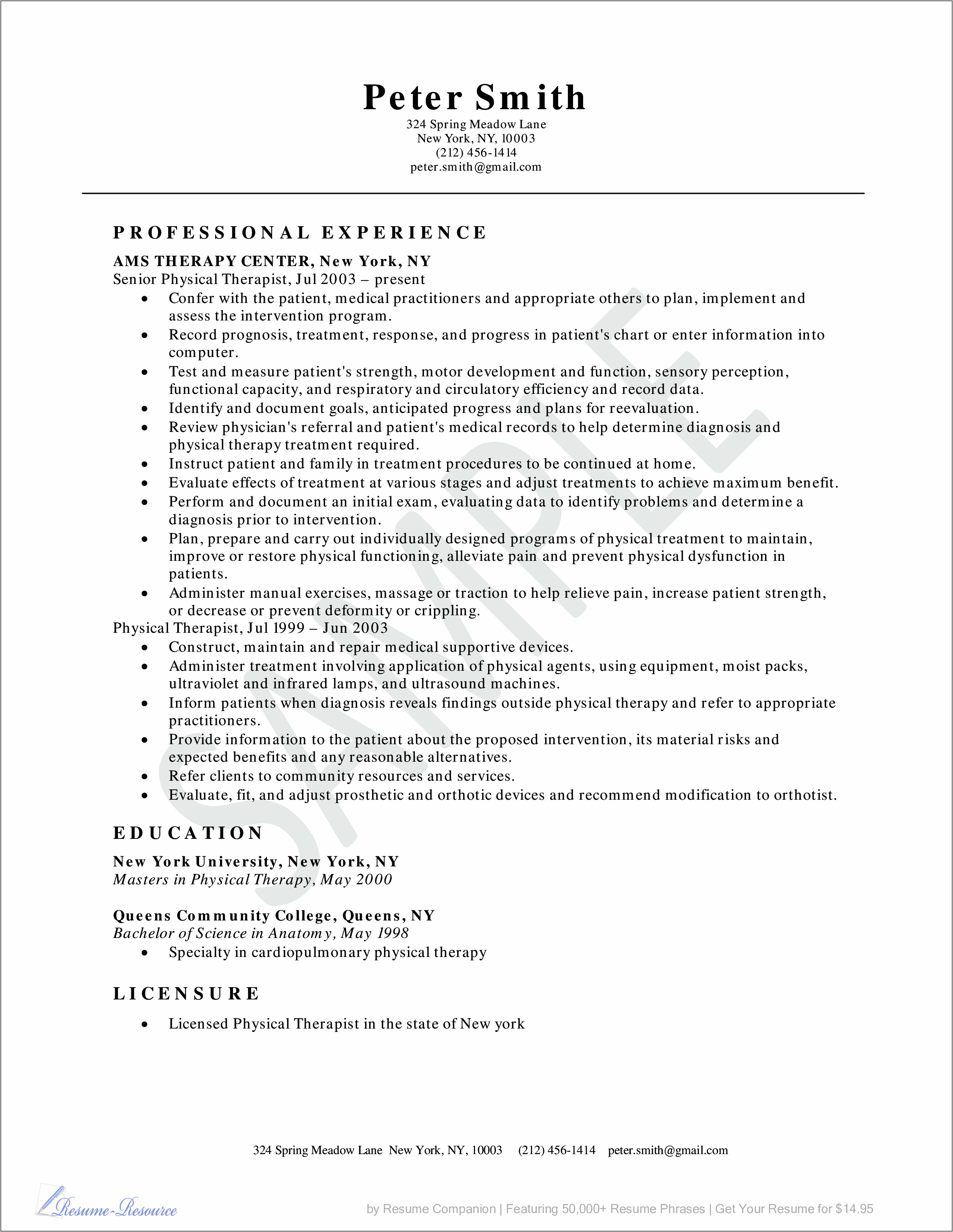 Physical Therapy School Resume Sample