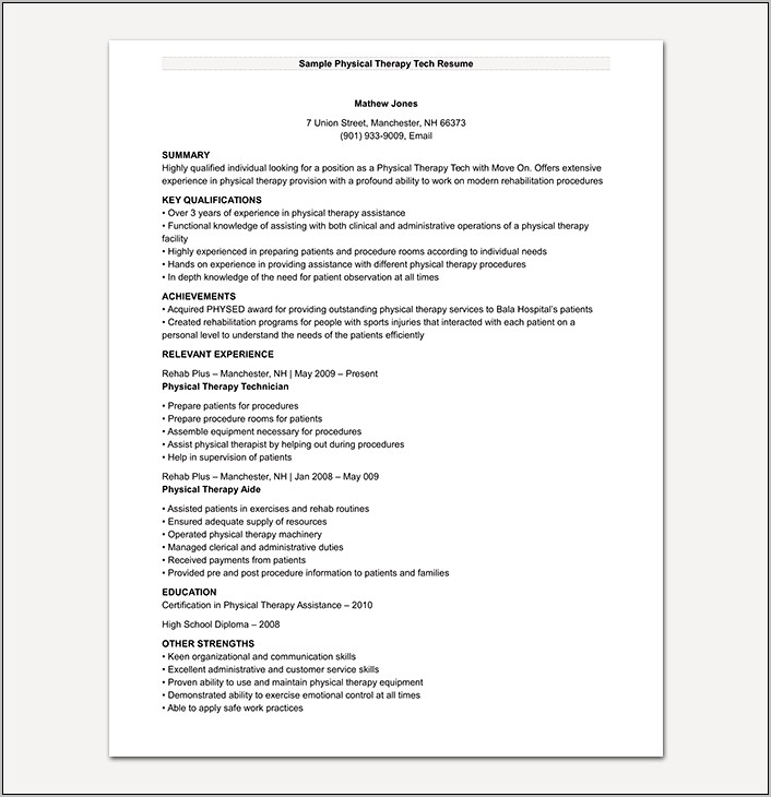 Physical Therapy Tech Resume Sample