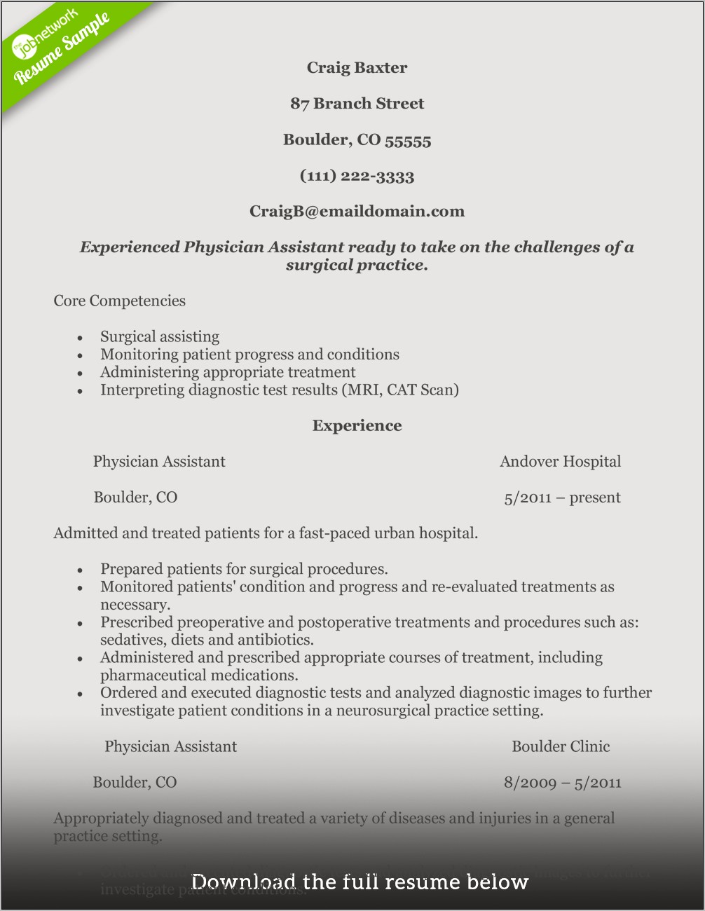 Physician Assistant School Resume Sample