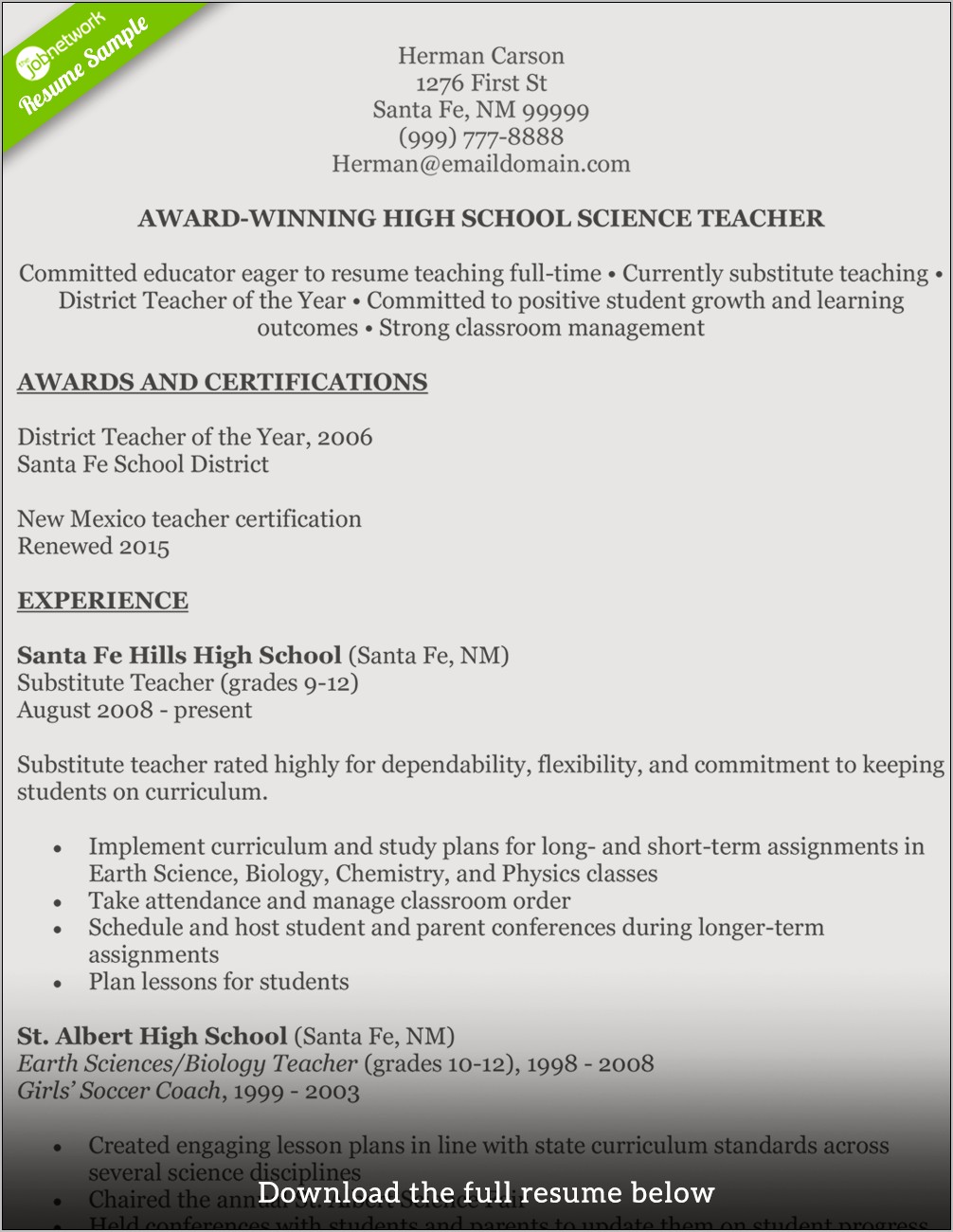 Physics Teacher Resume Sample India