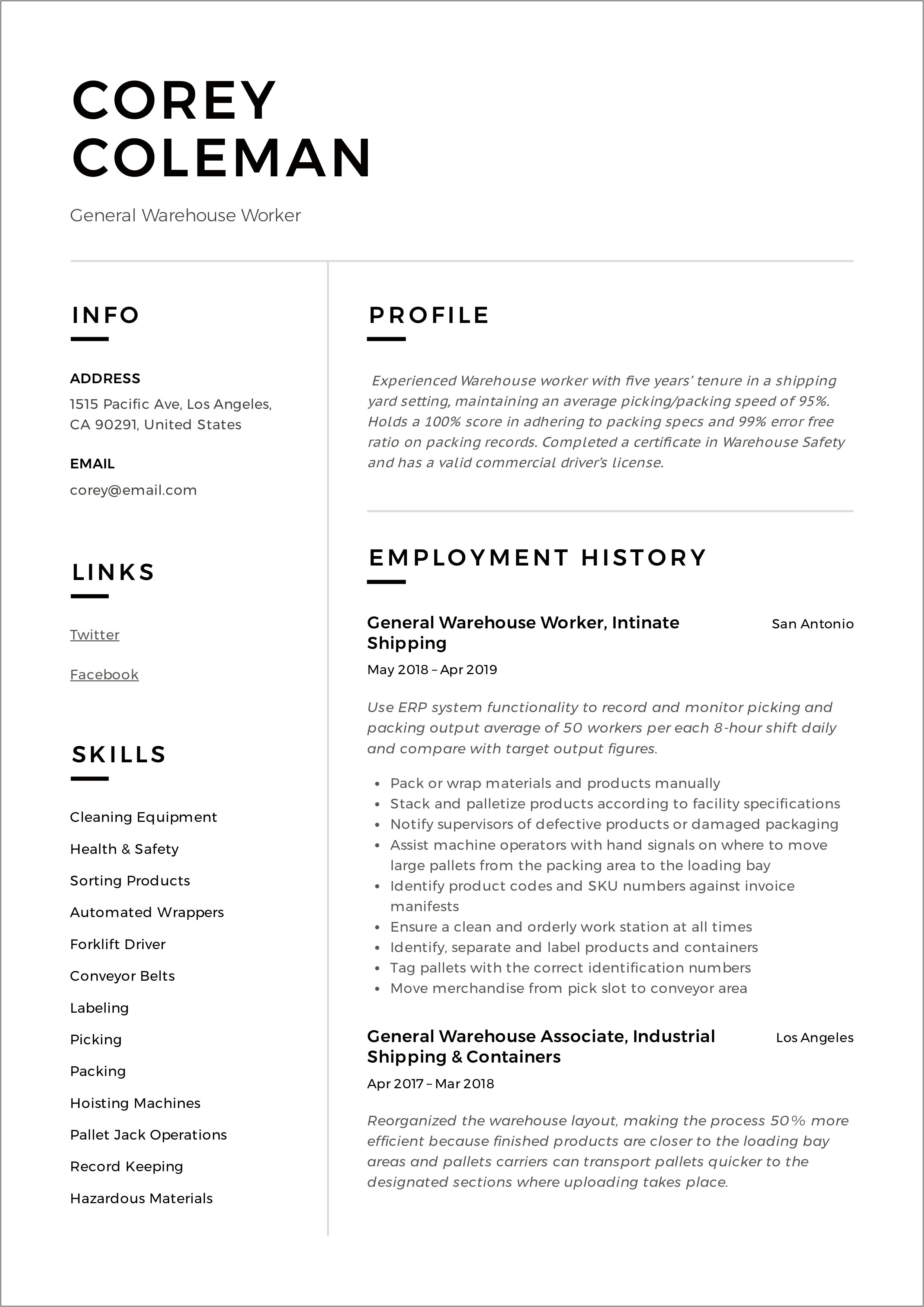 Picking And Packing Resume Sample