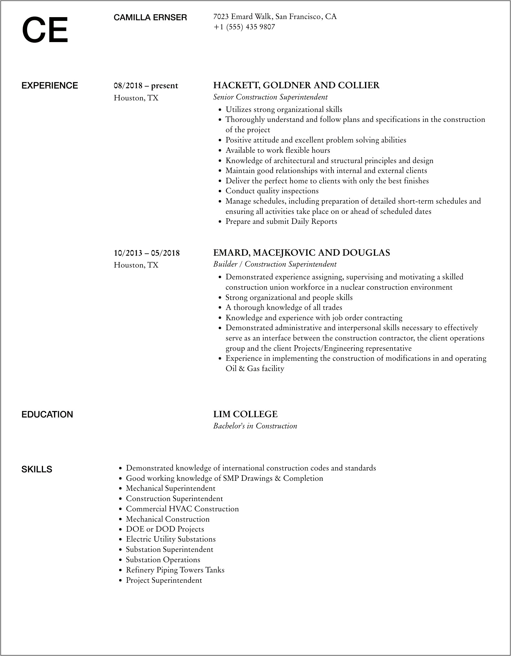 Pipeline Construction Superintendent Sample Resume