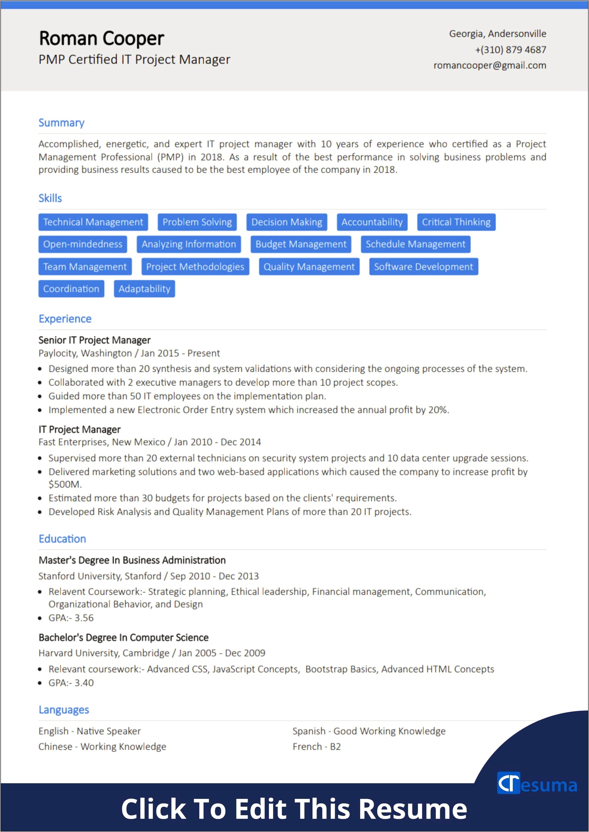 Pmp Certified Project Manager Resume