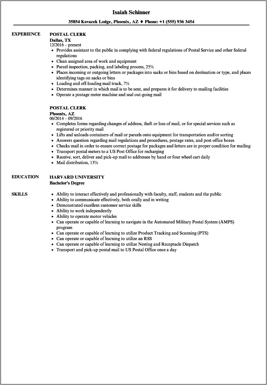 Post Office Job Resume Samples