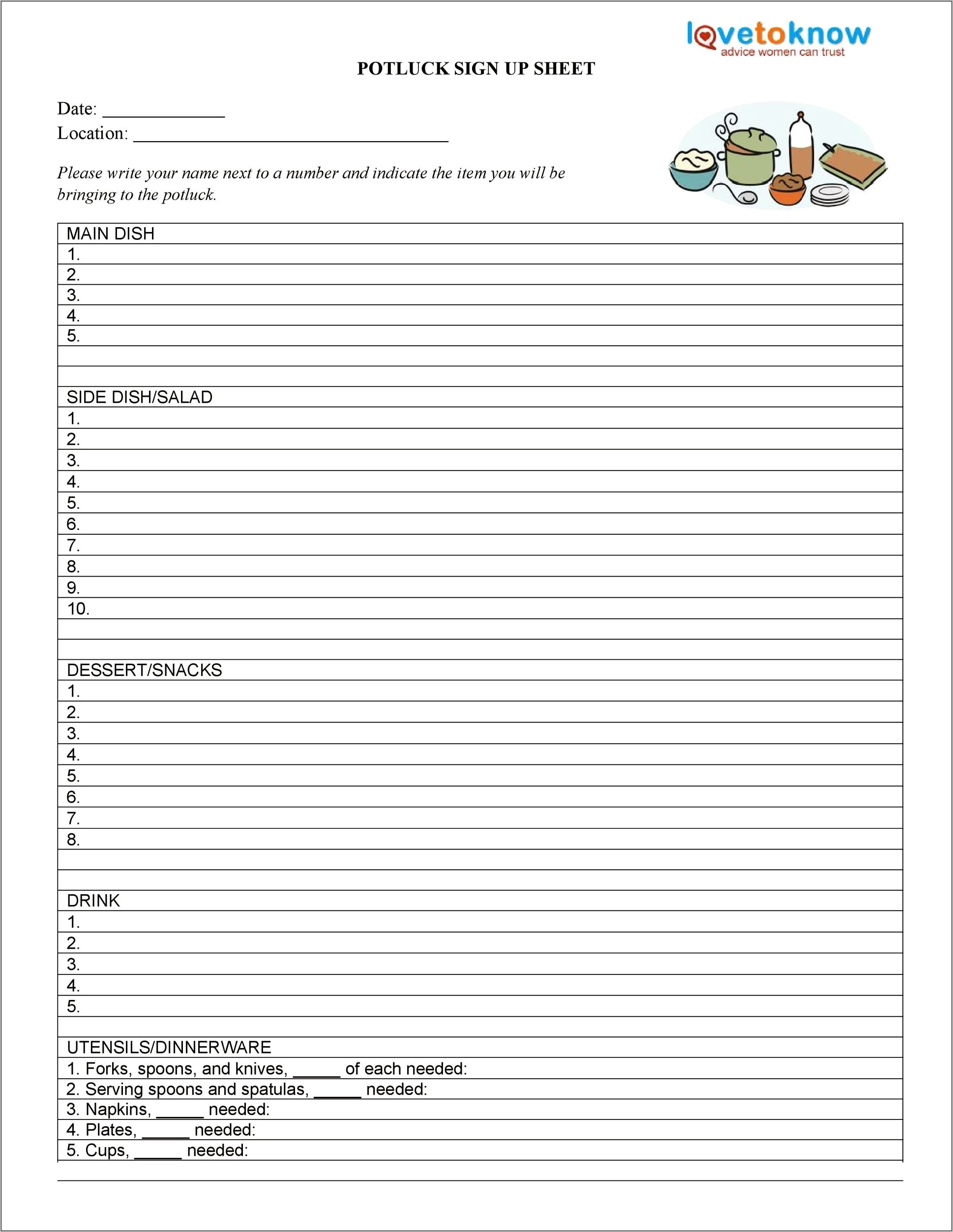 Potluck Sign Up Sheet Template Download