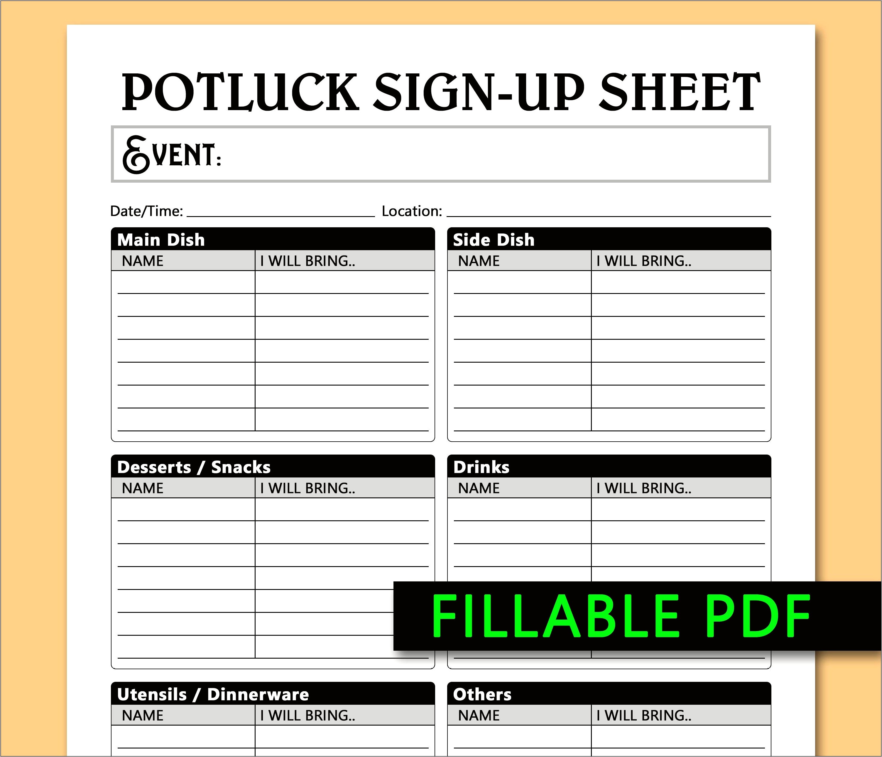 Potluck Sign Up Sheet Template Excel Free