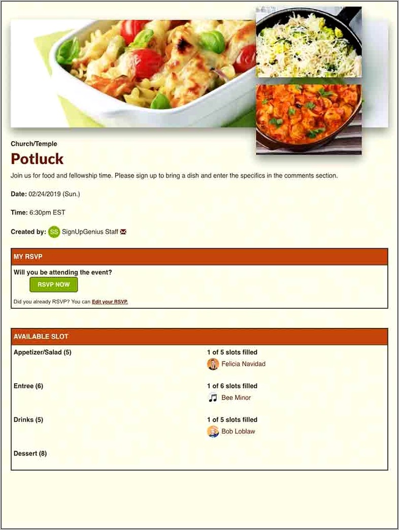 Potluck Sign Up Sheet Template Free Online