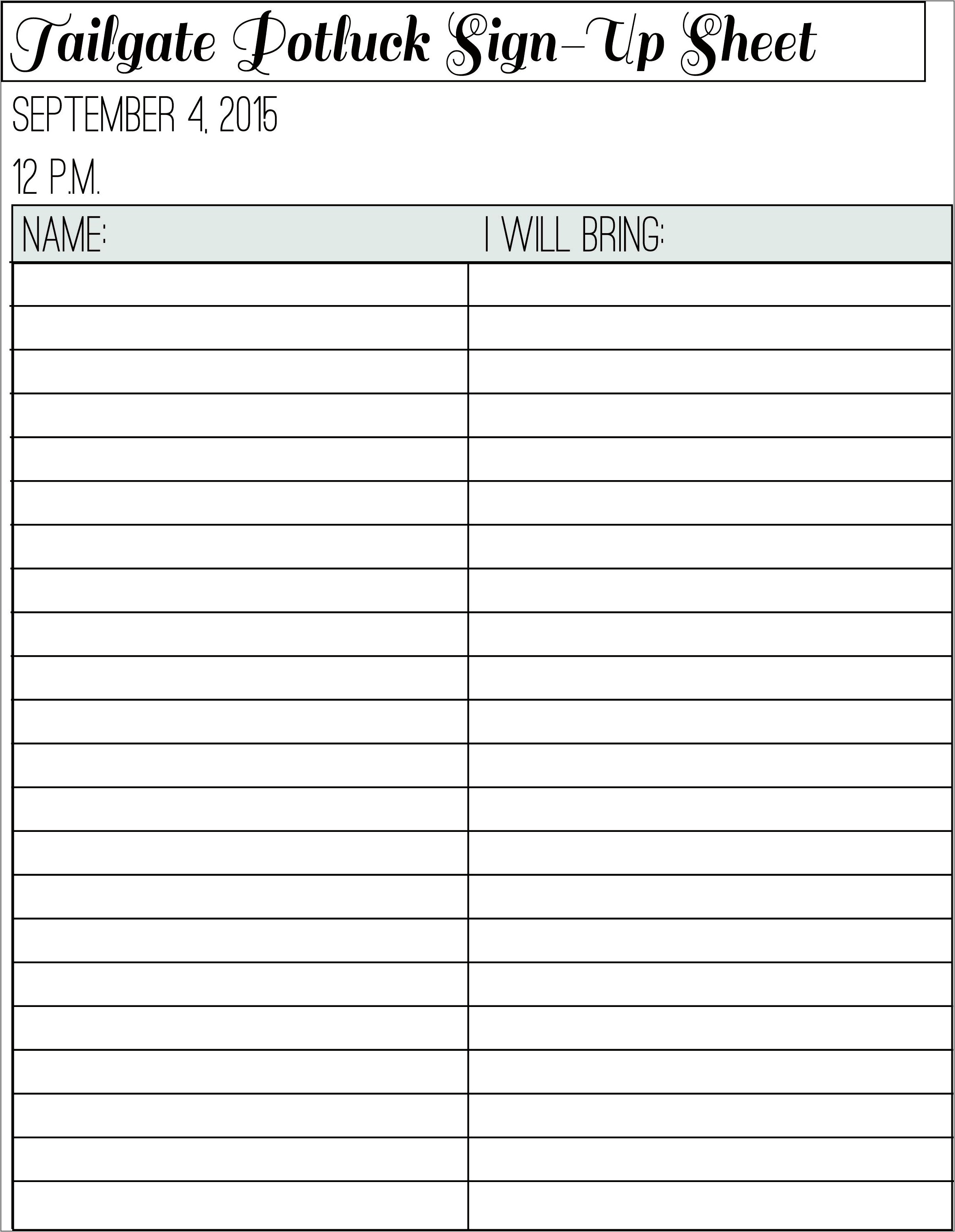 Potluck Sign Up Sheet Template Word Free