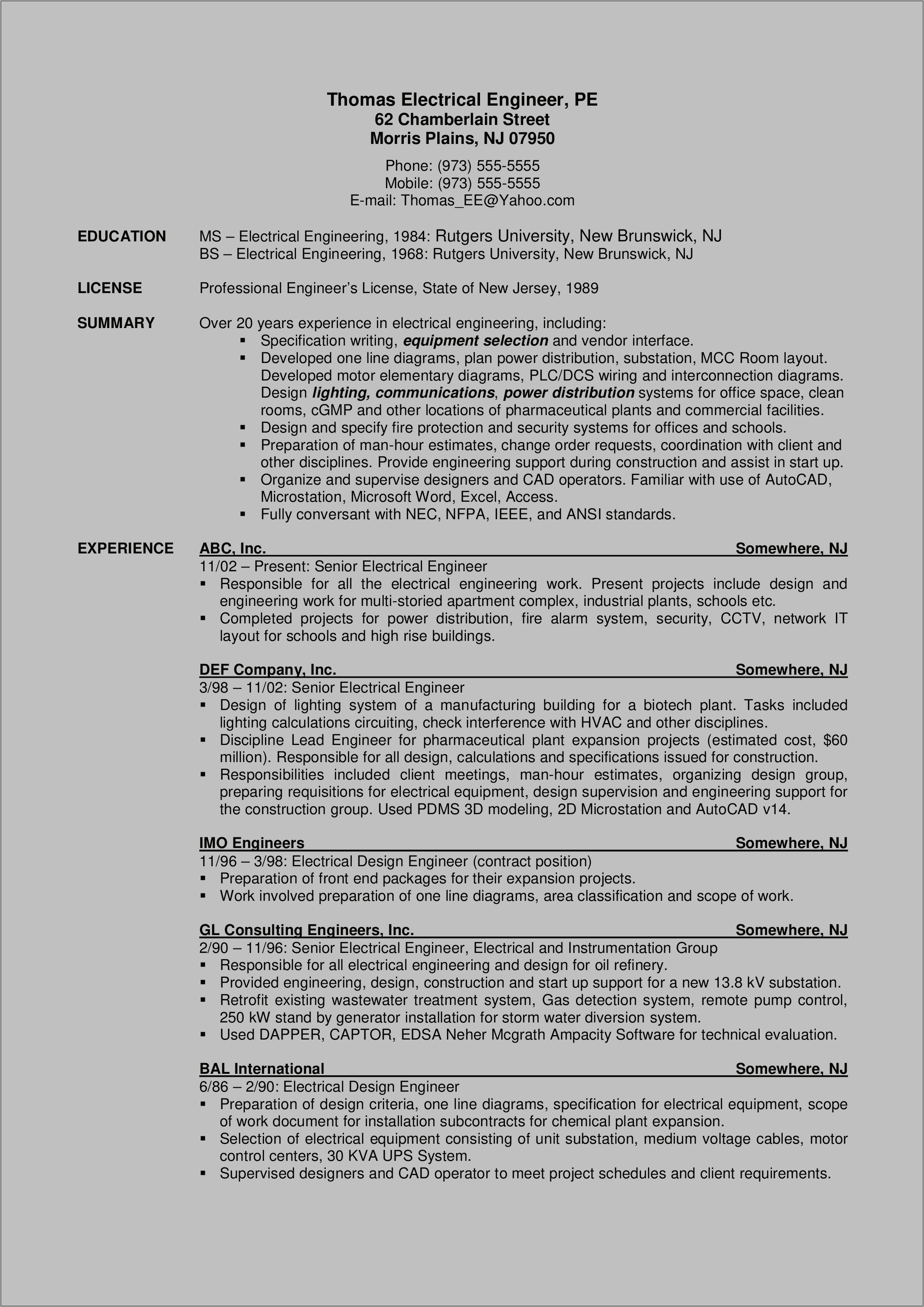 Power Distribution Engineer Resume Sample