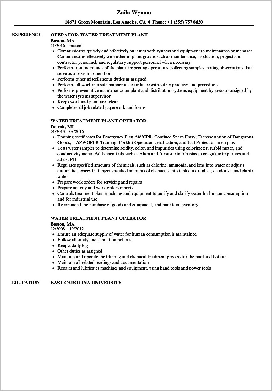 Power Plant Operator Resume Examples