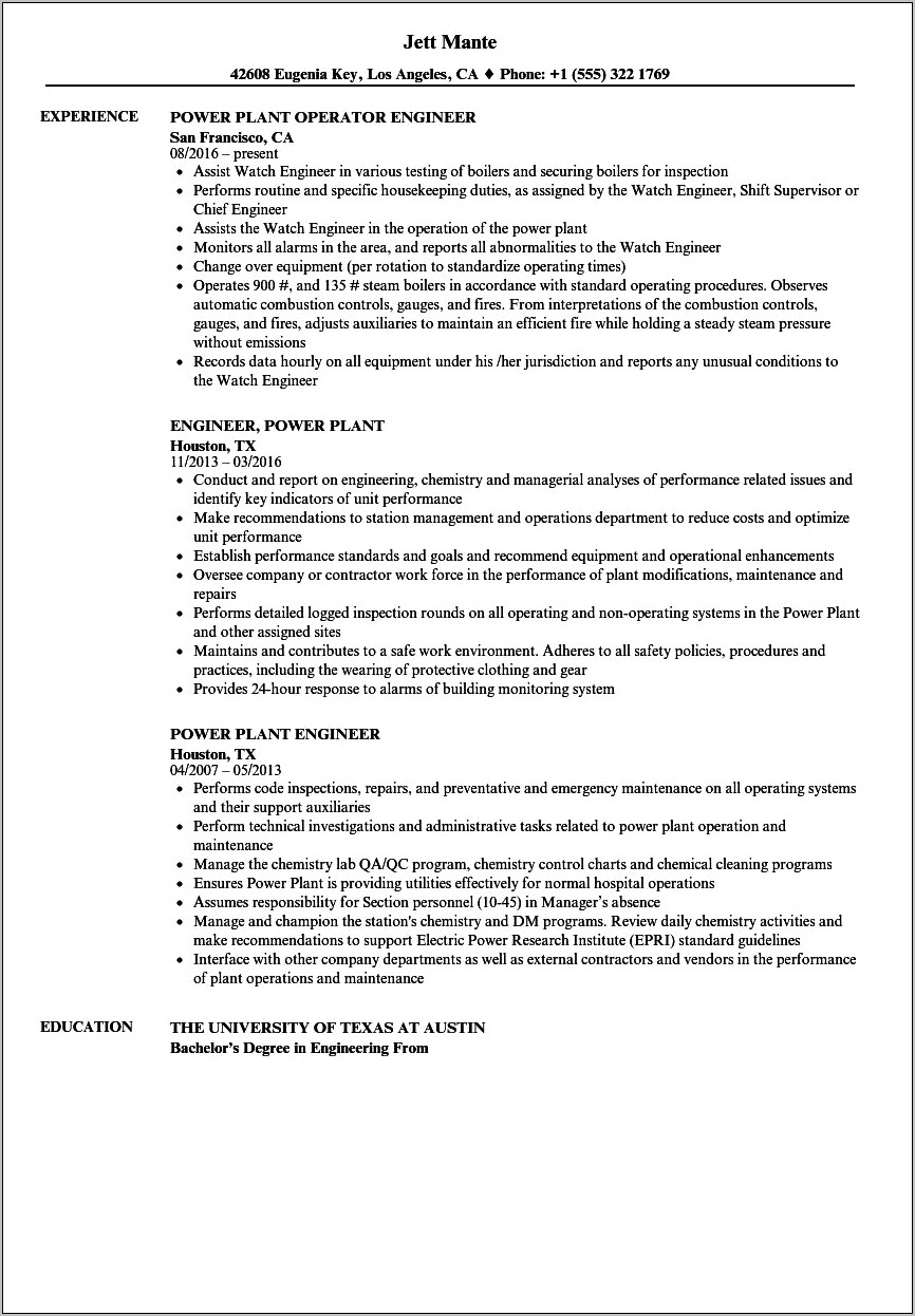 Power Plant Operator Resume Sample