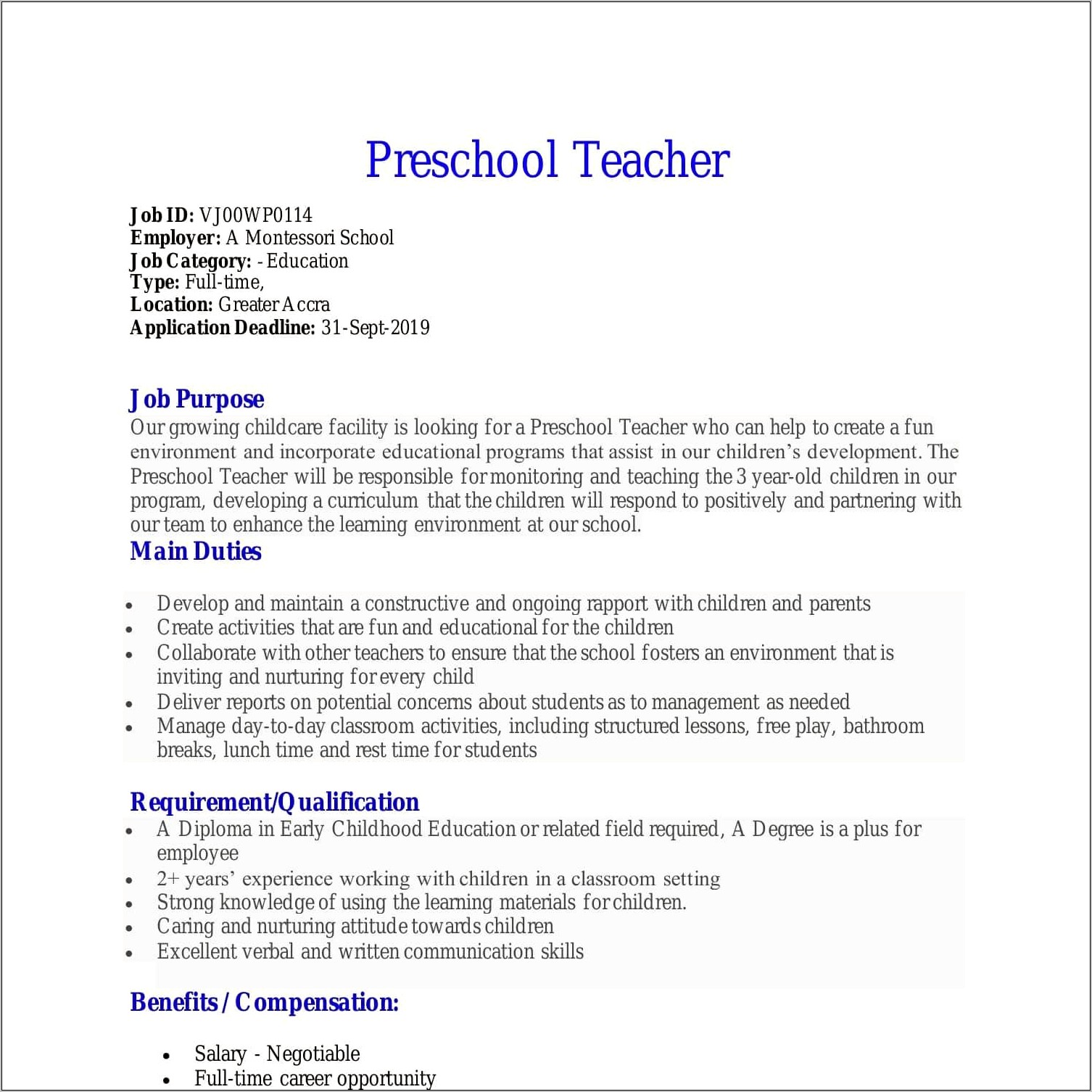 Prek Teacher Resume Job Duties