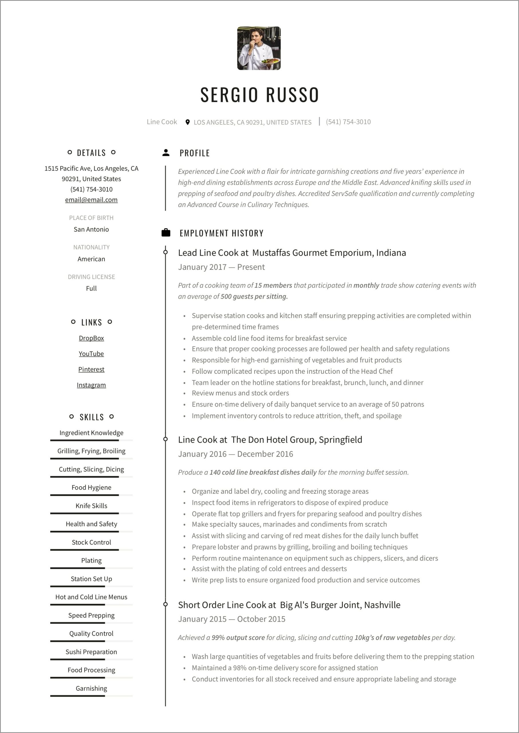 Prep Cook Line Resume Sample