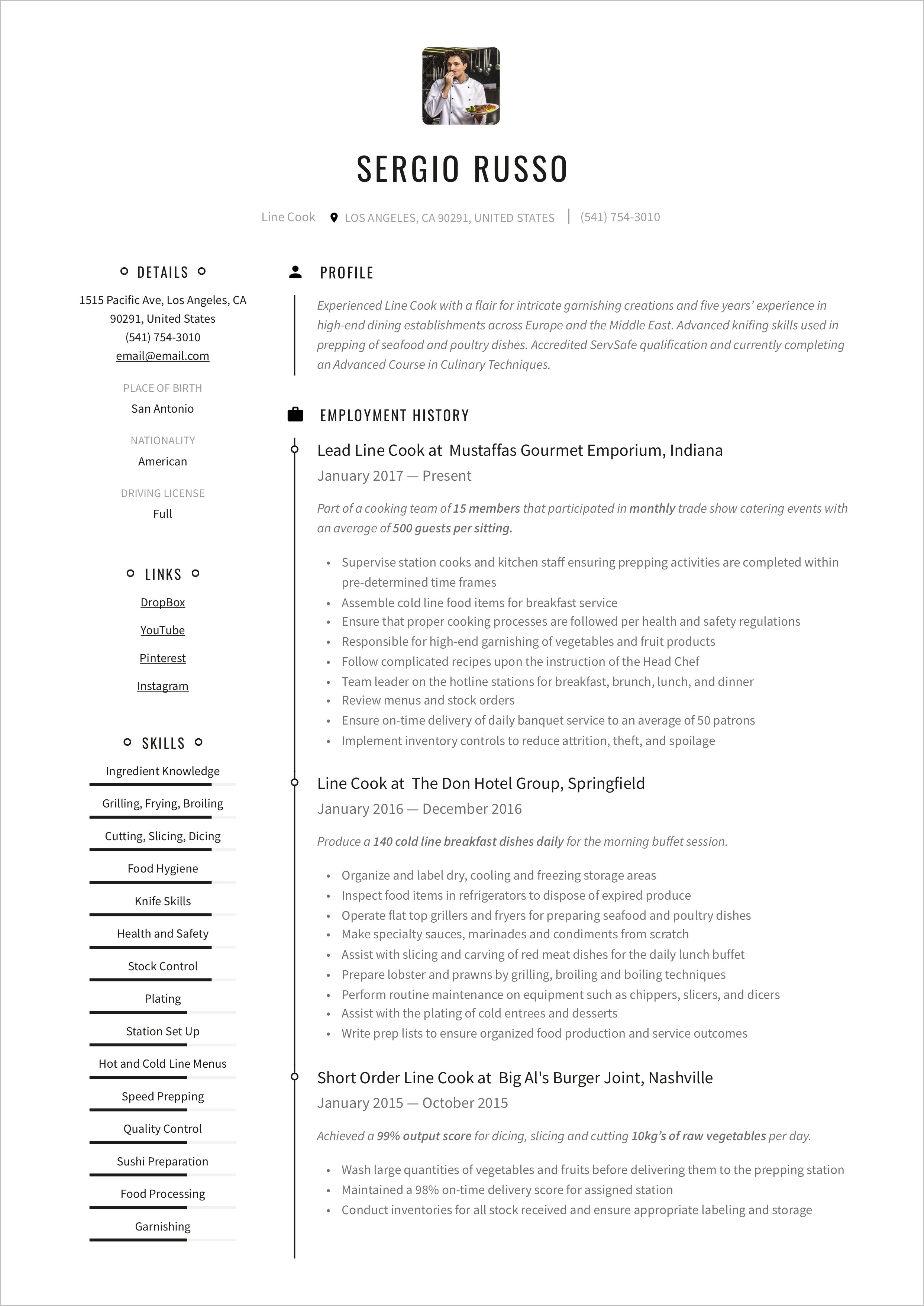 Prep Cook Line Resume Sample