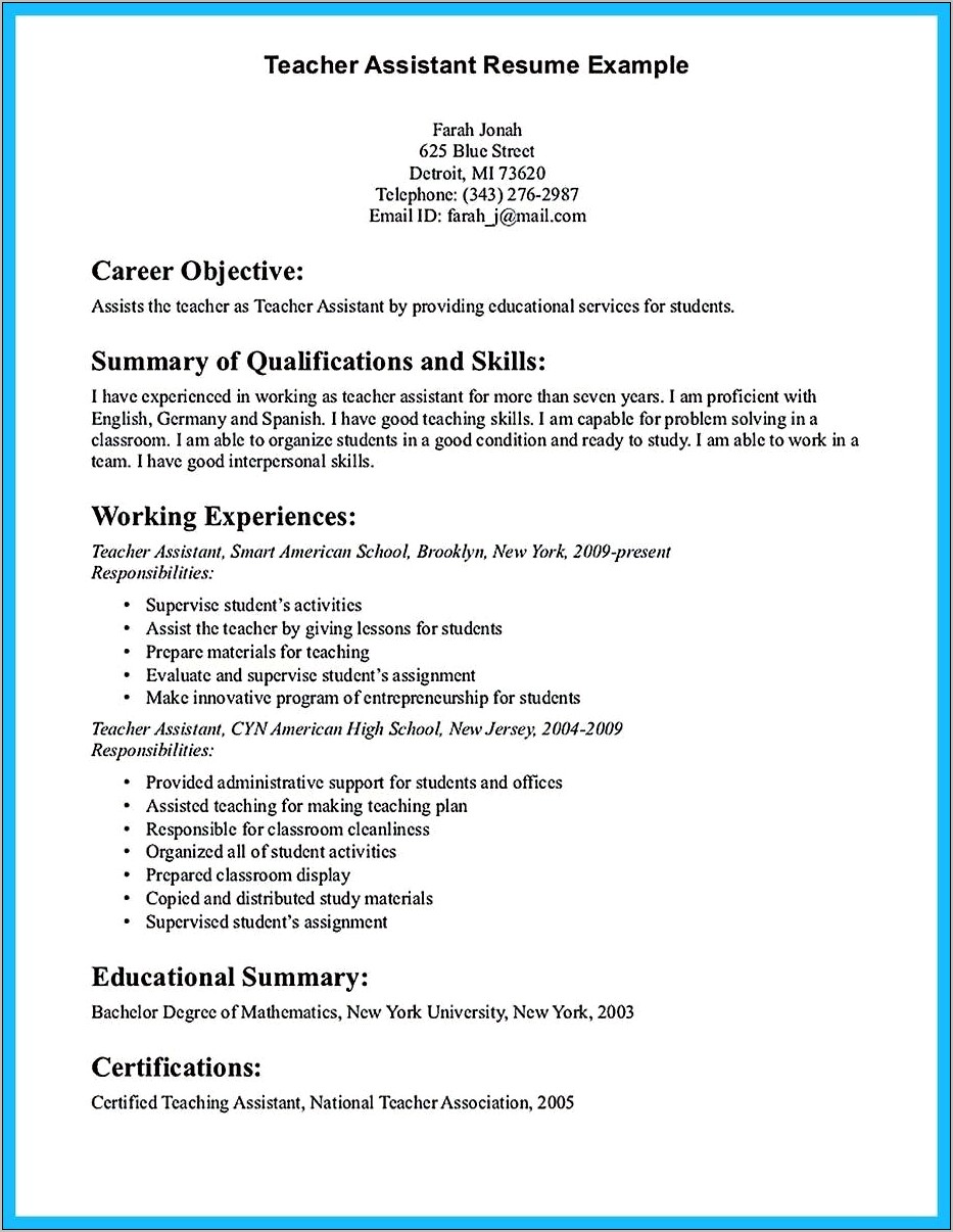 Preschool Teacher Assistant Resume Skills